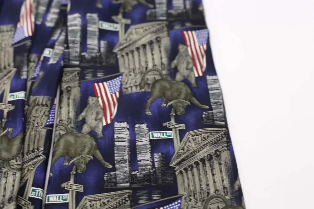 Stonehenge Wall Street Vintage Silk Necktie with Bull Bear and Twin Towers Print
